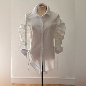 White Ruched Sleeve Button-Up Blouse